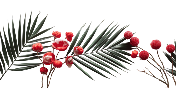 Tropical floral arrangement with red berries and palm fronds