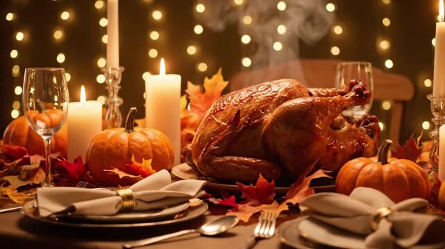 Thanksgiving dinner scene with golden turkey, candles flickering, pumpkins, and autumn leaves creating a warm, inviting atmosphere perfect for family gatherings and holiday promotions