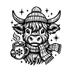Cute vector illustration of a highland cow in a winter hat and scarf, holding a mug of hot cocoa with marshmallows and a snowflake design.