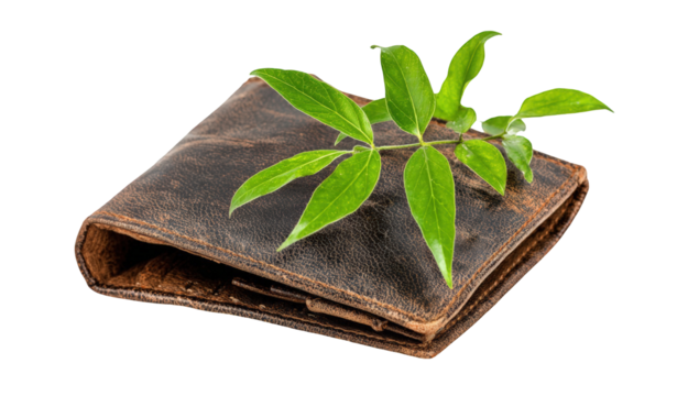 Aged leather wallet with vibrant green leaves