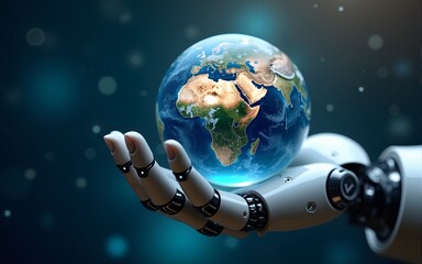 Fototapeta premium Robot hand holds planet on abstract background. Global world in hand of artificial intelligence. Technology development and machine learning. Created with Generative AI. High quality
