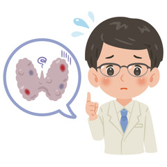 不健康な甲状腺と白衣を着た男性医師　上半身イラスト／Unhealthy Thyroid with Male Doctor in White Coat　upper body illustration