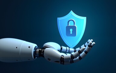 AI Robot Hand holding Shield with Padlock icon over blue background abstract. Cyber attack block, Cyber data, and Information privacy with Artificial Intelligence Concept. 3D Rendering. High quality