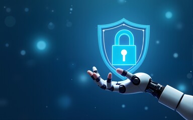 AI Robot Hand holding Shield with Padlock icon over blue background abstract. Cyber attack block, Cyber data, and Information privacy with Artificial Intelligence Concept. 3D Rendering. High quality