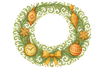 Fototapeta premium Watercolor christmas wreath with vintage ornaments, pine branches, golden bow, clock, and snowflake, transparent background