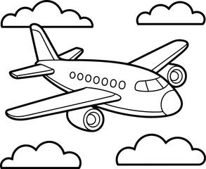 A Whimsical Airplane Soaring Through a Sky Filled with Fluffy Clouds Ready for a Coloring Adventure