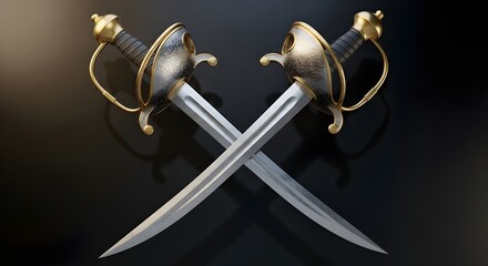 Two crossed sabers with ornate handles on a dark background