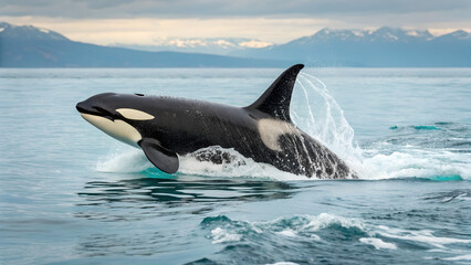 Fototapeta premium Orca Killer Whale Breaching the Ocean Surface with Mountains in the Background