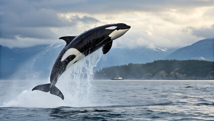 Orca Breaching Dramatically in Mountainous Seascape