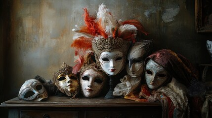 A collection of Venetian carnival masks, porcelain and feathers, textures of aged velvet and chipped gold leaf, dramatic chiaroscuro lighting