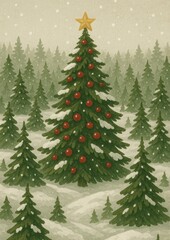 Festive evergreen snow scene