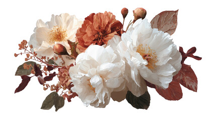 A bouquet of  creamy white and rust-colored flowers