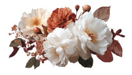 A bouquet of  creamy white and rust-colored flowers