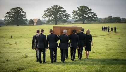 Caucasian middle aged men and woman carrying wooden coffin outdoors during funeral procession, walking together on grassy field.