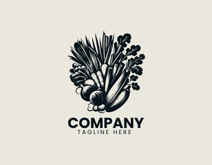 Detailed black and white hand drawn vegetables composition in vintage engraving style vector logo design illustration