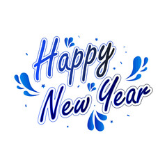 Happy New Year hand lettering typography design with blue leaves decoration