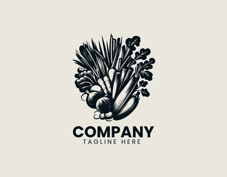 Detailed black and white hand drawn vegetables composition in vintage engraving style vector logo design illustration