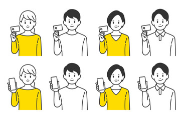 クレジットカードやスマホを持つ若い･中年男女のセット【人物ベクターイラスト素材】