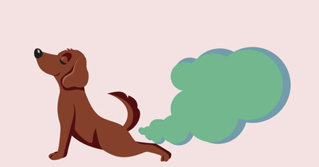 Funny Dog Farting in Yoga Pose Vector Cartoon Character. Domestic animal suffering for different food allergies and intolerance leading to excess of gass

