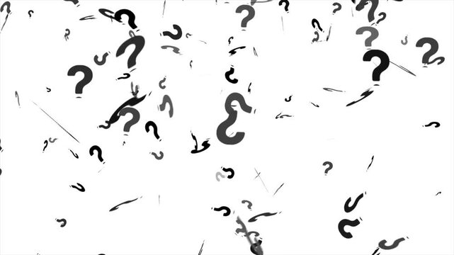 Falling question marks animation on white background, confusion and curiosity concept, abstract thinking motion graphic design
