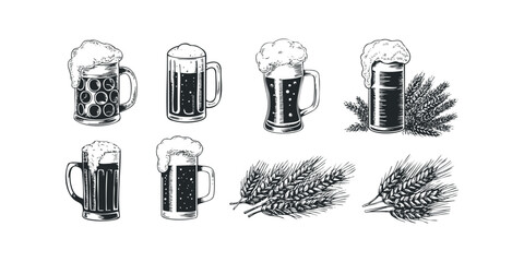 Collection of Hand Drawn Beer Mugs and Wheat Stalks