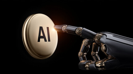 Fototapeta premium A robotic hand with its index finger reaches for a round button with the letters 