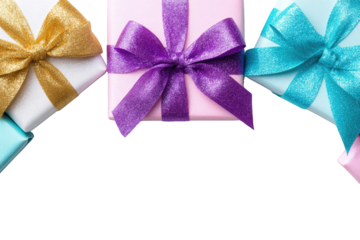 Three gift boxes with colorful ribbons