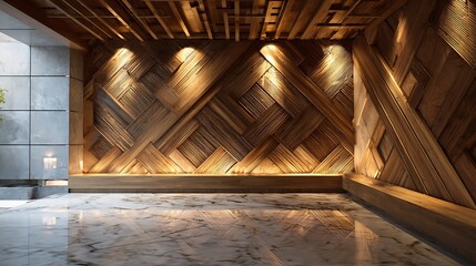 Obraz premium Interior with Natural Wooden Wall Design and Reflective Marble Floor