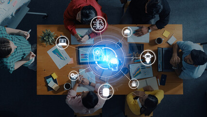 A team of diverse professionals engages in a collaborative meeting focused on an artificial intelligence project, with digital graphics illustrating key concepts and ideas. Trope