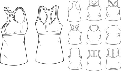 Women fashion flat sketch, racerback tank top, sleeveless tops back design variations, crisscross strap, button back, garment CAD drawing, apparel design vector illustration