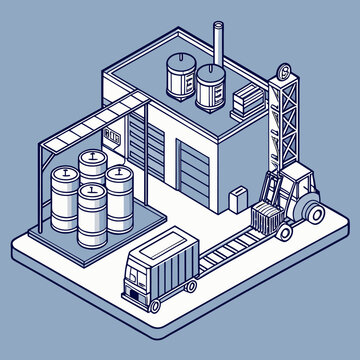 Production of soda soft drink in red cola factory using robotic arms and logistic truck, CPG industry concept, blue color isometric isolated illustration.