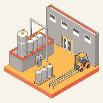 Modern soda production factory with automated robots, conveyor belts, and delivery trucks, CPG beverage industry, isometric vector.