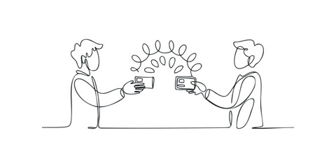 Two hands exchange credit cards with flowing connection