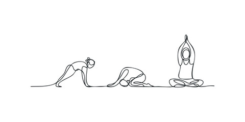 Line art depicts three yoga poses on white background
