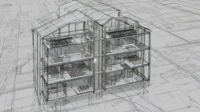 Architectural schematic drawing of a multi-story, glass-walled building