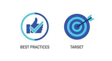 Vector illustration of best practices and target icons for business and success, thumbs up and bullseye symbols representing achievement and goals