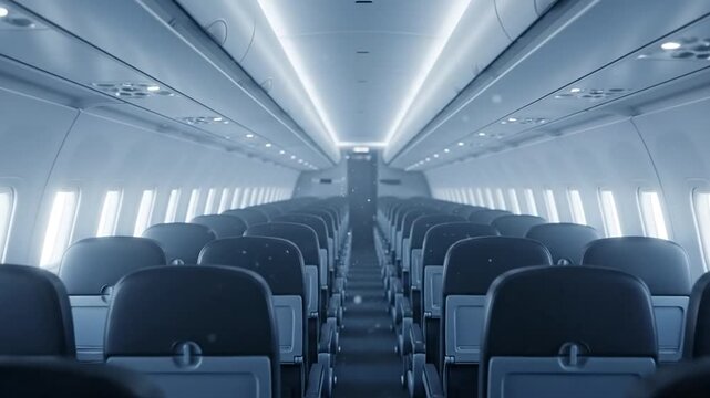 Airplane Interior Perspective With Empty Seats in Toned Blue Ambience and Overhead Lighting for Travel and Commercial Use Mockups and Flight Simulation Visuals Up to 200 Characters
