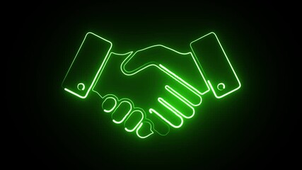 Dynamic glowing green handshake animation symbolizing partnership and agreement, conveying trust, teamwork, and a modern business deal in motion