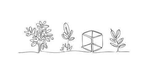 Minimalist line drawing of plant forms and geometric cube