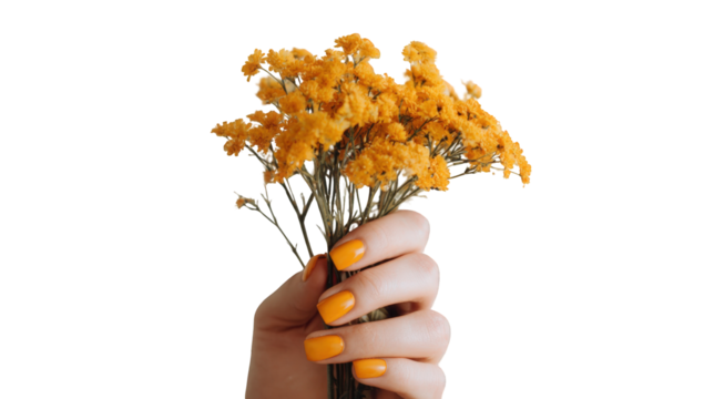 A hand holds a bouquet of yellow flowers
