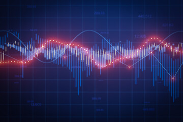 Financial market analysis with data visualization and trend patterns shown through colorful line graphs