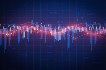Financial data visualization showing stock trends with lines and bars on a dark blue background