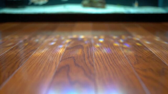 Ambient Light Reflections on Parquet Floor with Fish Tank Silhouette in Soft Focus a Calming Interior Backdrop for Home Decor and Relaxation-Themed Content for Serene Moods