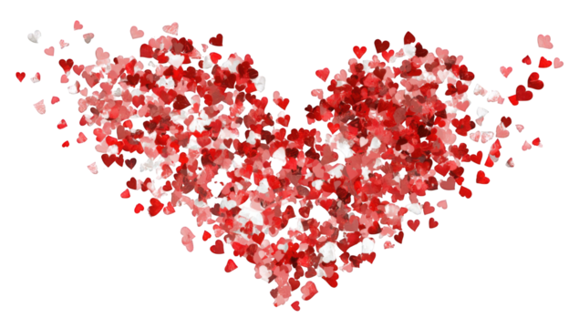 A heart-shaped cluster of small, red and white particles