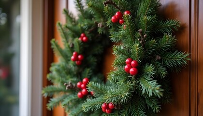 Christmas wreath made of pine, holly, and red berries on a wooden door.