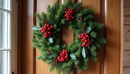 Fototapeta premium Christmas wreath made of pine, holly, and red berries on a wooden door.