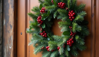 Christmas wreath made of pine, holly, and red berries on a wooden door.