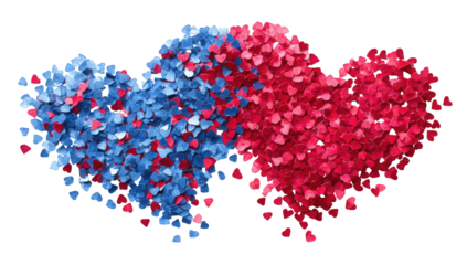 Two hearts composed of small, overlapping, colored pieces