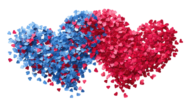 Two hearts composed of small, overlapping, colored pieces