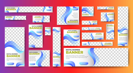 Set bundle of ads banner template design with blue and white background. vector